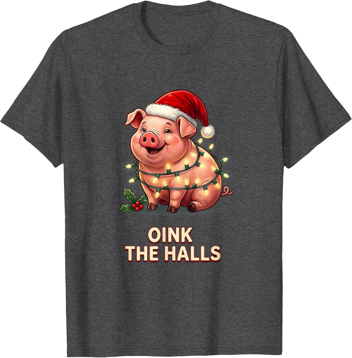 Men's Oink The Halls Funny Pig Christmas Lights Costume Humor T-Shirt - Dark Heather Grey