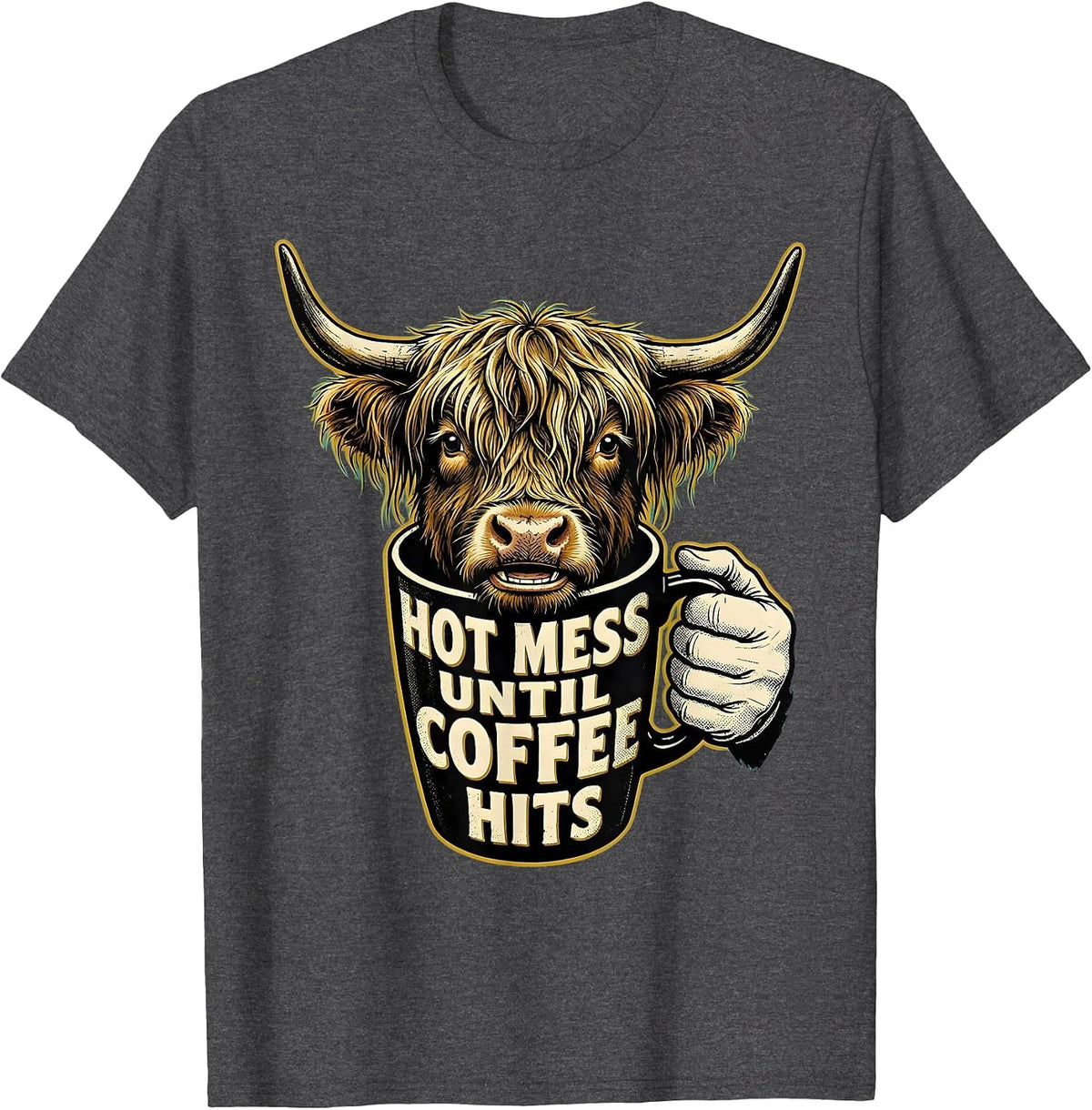 Men's Hot Mess Until Coffee Hits Retro Cartoon Highland Cow Coffee T-Shirt - Dark Heather Grey