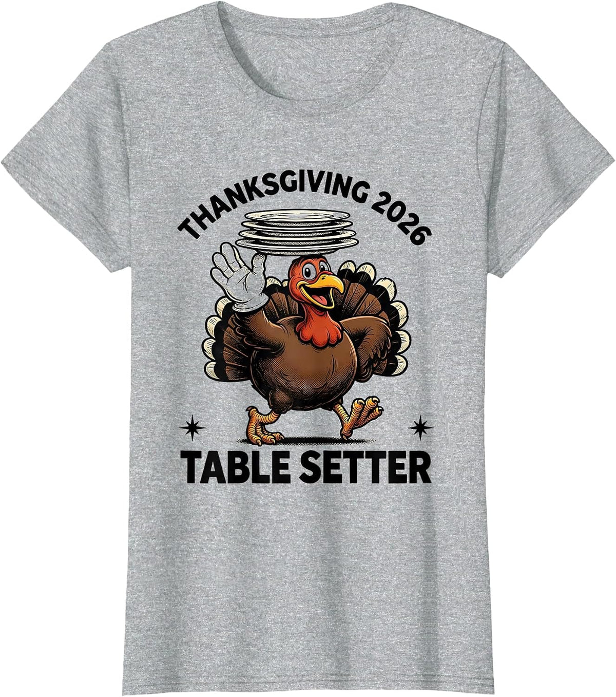 Thanksgiving 2026 Table Setter Retro Cartoon Turkey Humor T-Shirt - Heather Grey