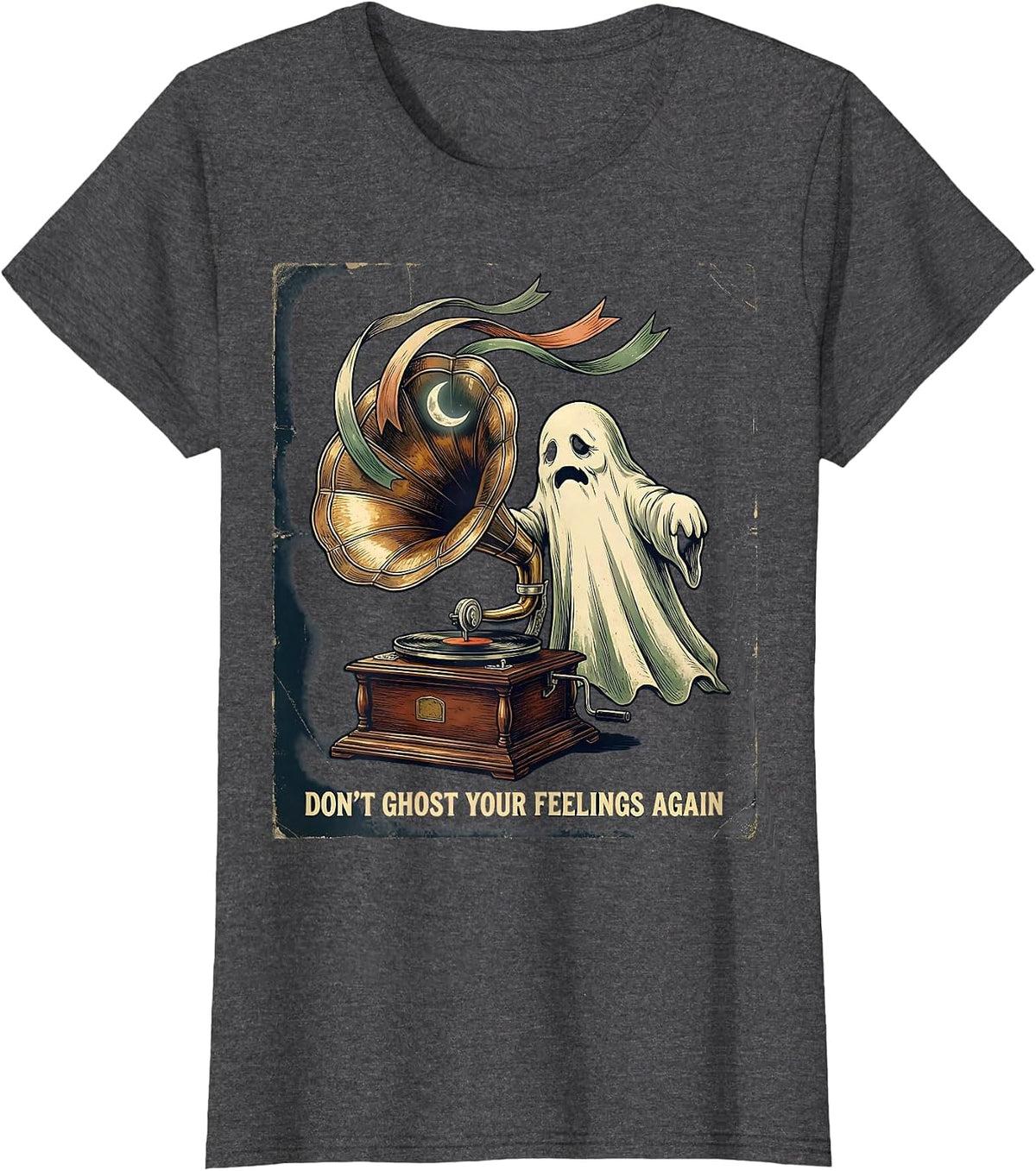 Women's Don't Ghost Your Feelings Again Vintage Ghost Mental Health T-Shirt - Dark Heather Grey