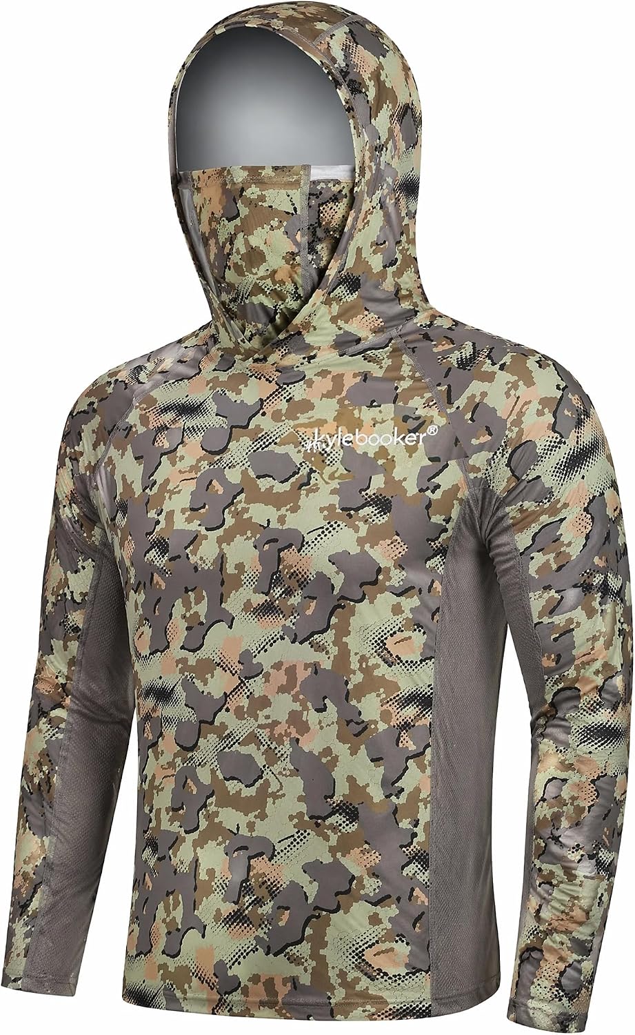 Kylebooker Men's UPF 50+ Long Sleeve Fishing Shirts - Digital Cp-with Neck Gaiter and Hoodeded