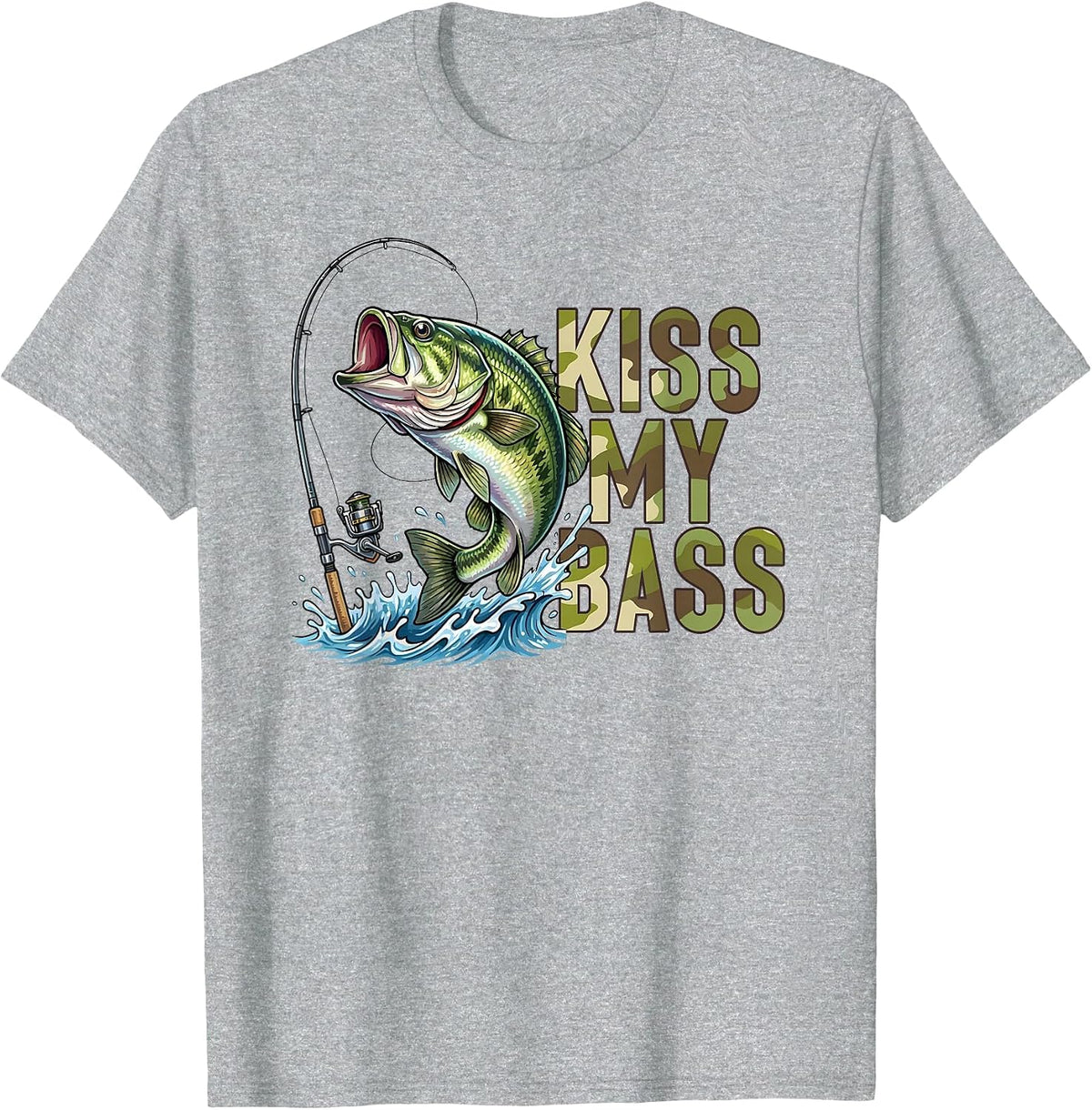 Funny Kiss My-Bass Camo Fishing Lover Bass Fisher Women Men T-Shirt - Heather Grey