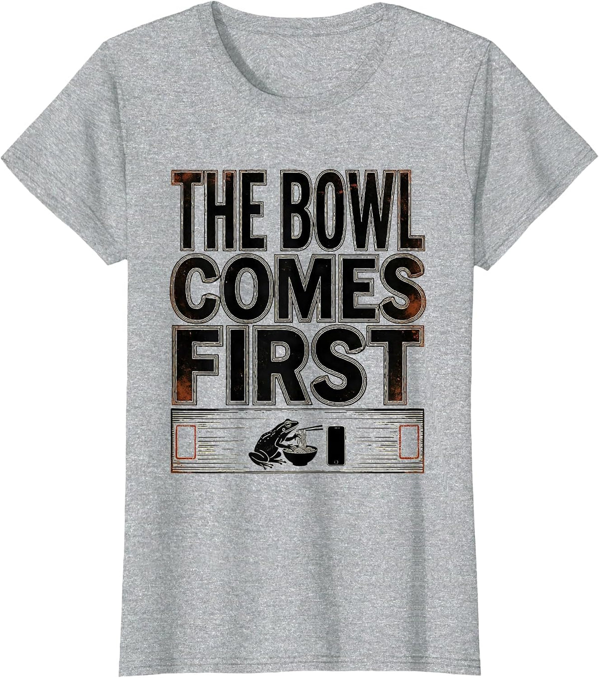 The Bowl Comes First Funny Grumpy Frog Ramen and Scroll T-Shirt - Heather Grey