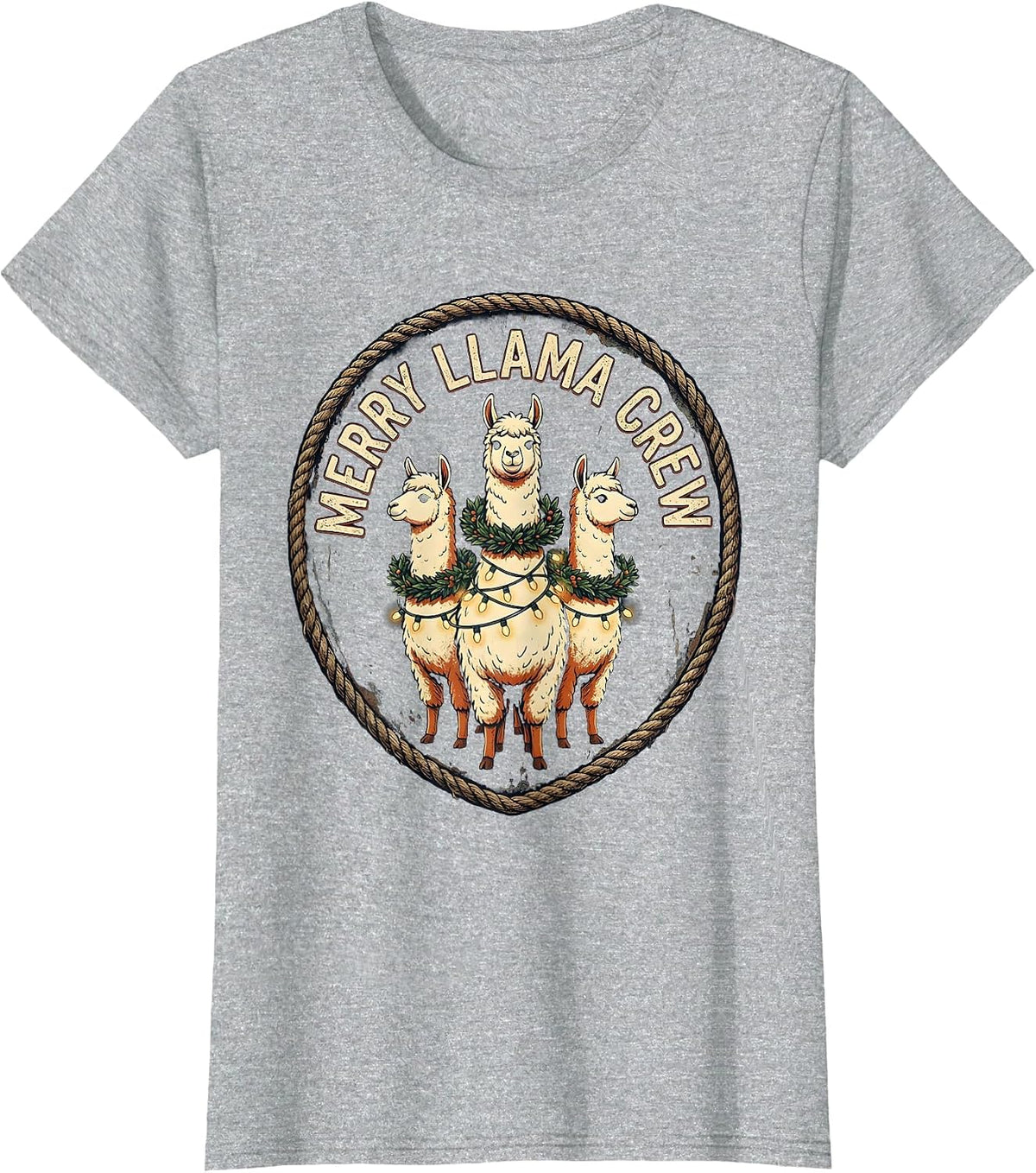 Merry Llama Crew Vintage Funny Llama Lover Christmas T-Shirt - Heather Grey