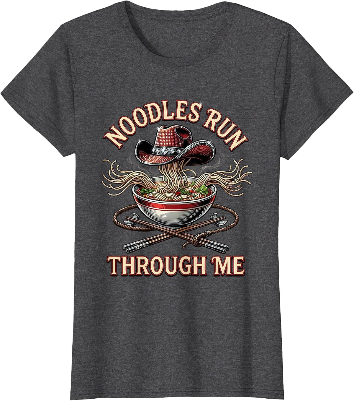Women's Noodles Run Through Me Pho Lover Design T-Shirt - Dark Heather Grey