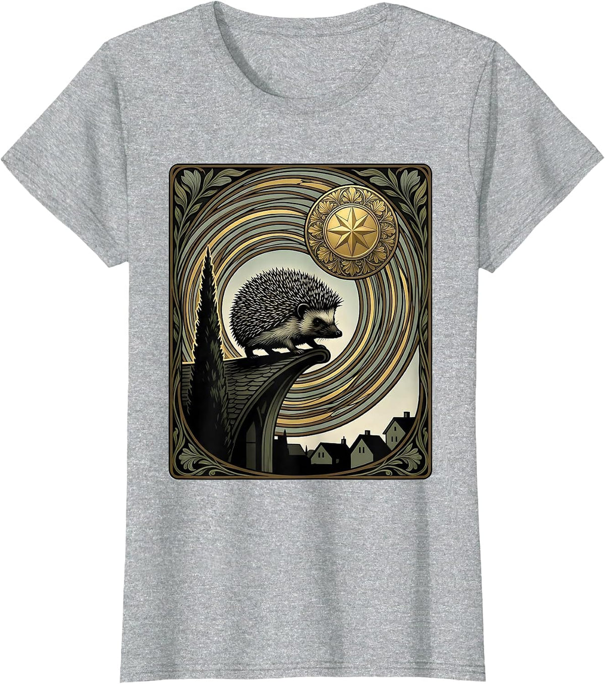 Hedgehog Starry Night Art Nouveau Animal Lover Parody T-Shirt - Heather Grey