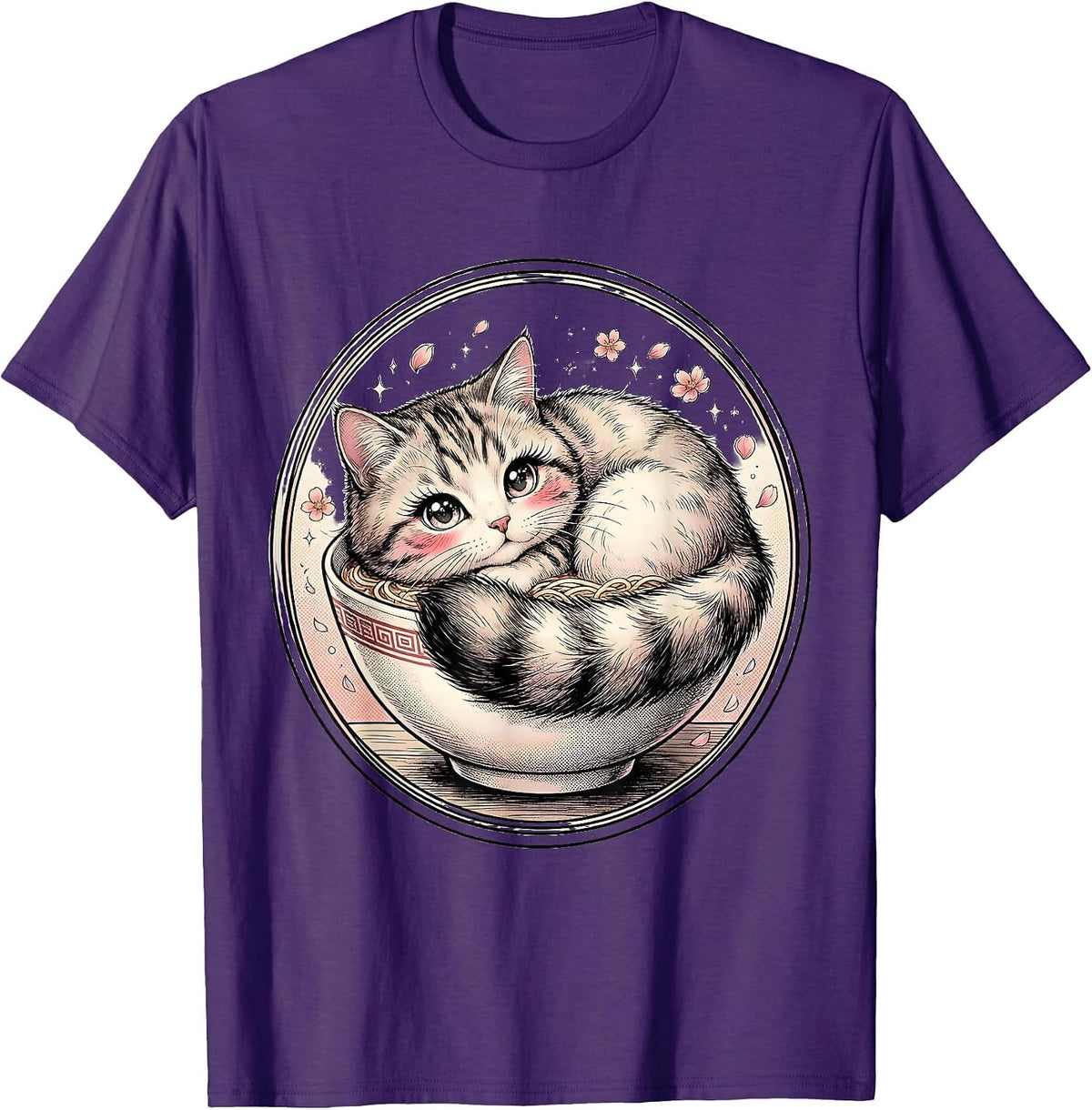 Men's Kawaii Ramen Bowl Cat Cute Cozy Illustration T-Shirt - Purple