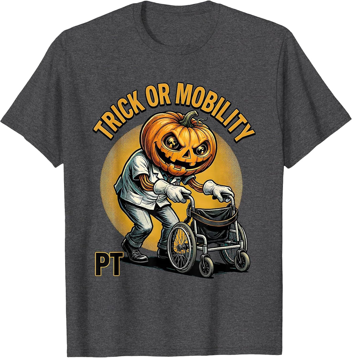 Trick Or Mobility PT Retro Cartoon Physical Therapy T-Shirt - Dark Heather Grey