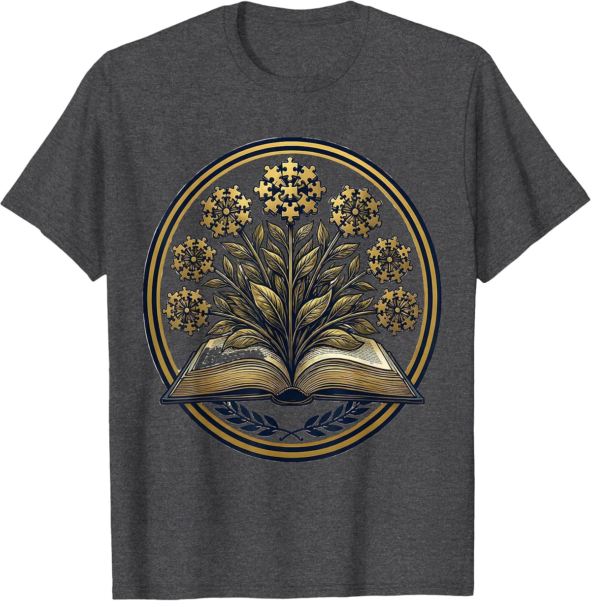 Men's Special Education Teacher Puzzle Piece Flower Book T-Shirt - Dark Heather Grey
