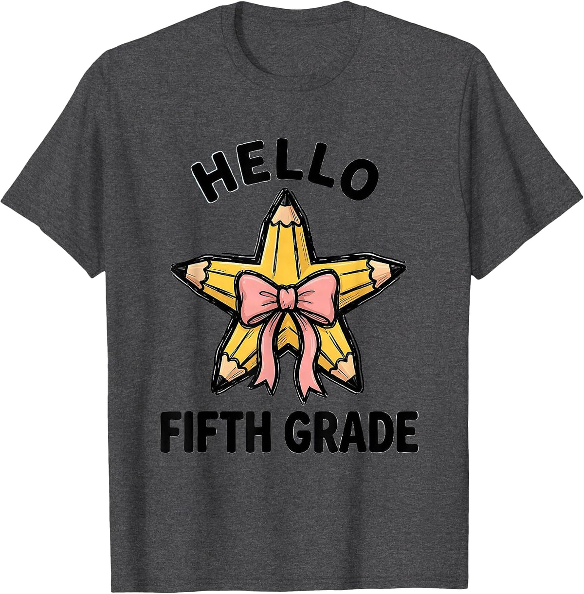 Men's Hello Fifth Grade Cute Coquette Back to School Pencil Bow T-Shirt - Dark Heather Grey