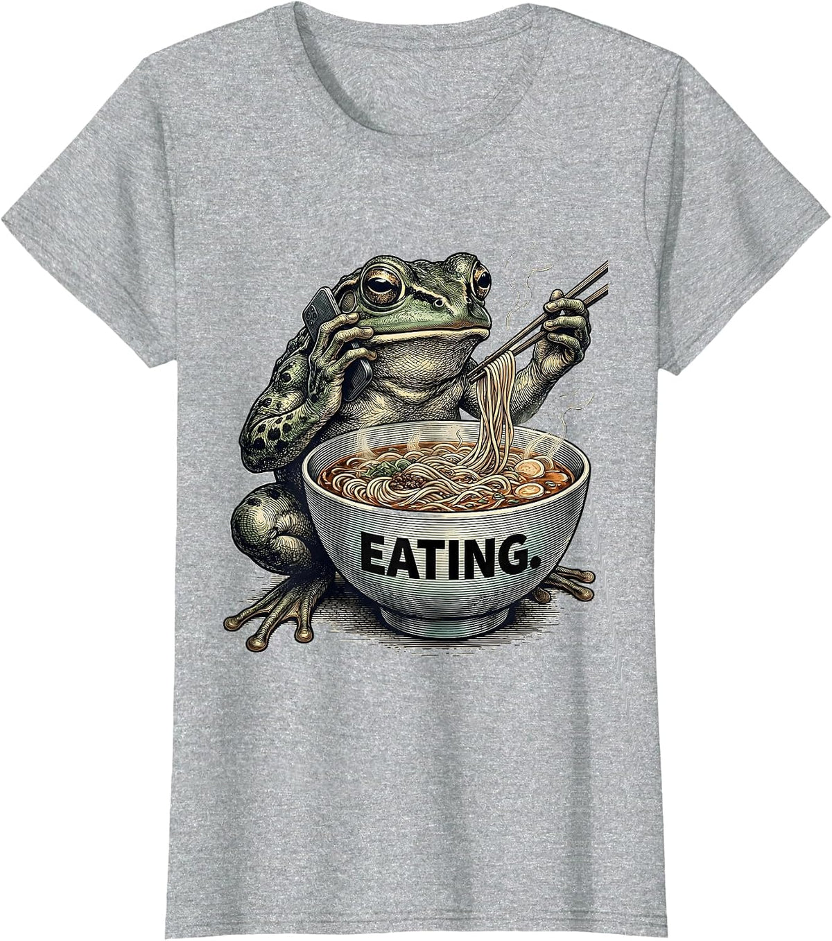 Women's Eating Grumpy Frog Eat Ramen and Scroll Phone Japanese Art T-Shirt - Heather Grey