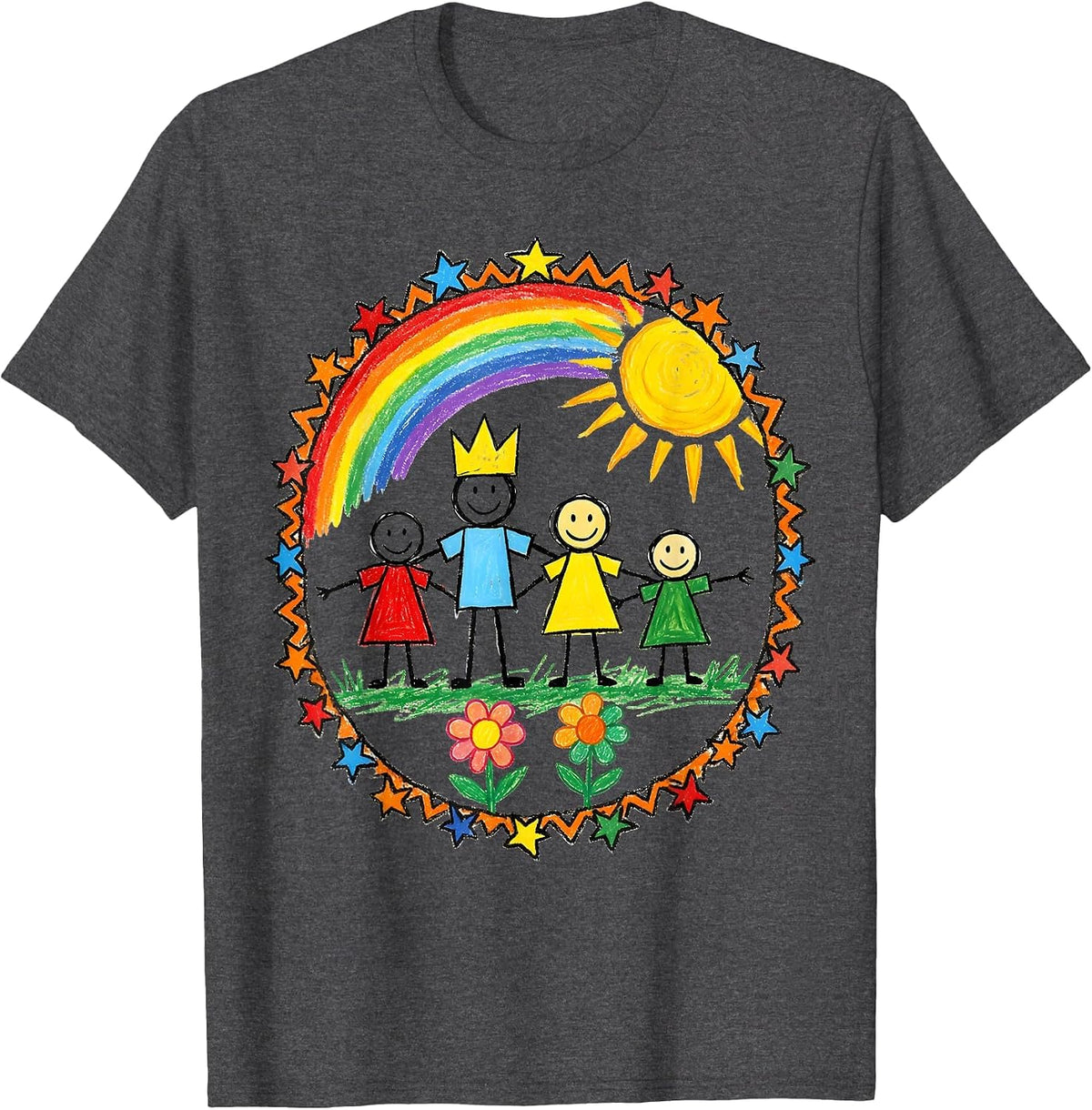 Men's Preschool Teacher Child Family Portrait Drawing T-Shirt - Dark Heather Grey