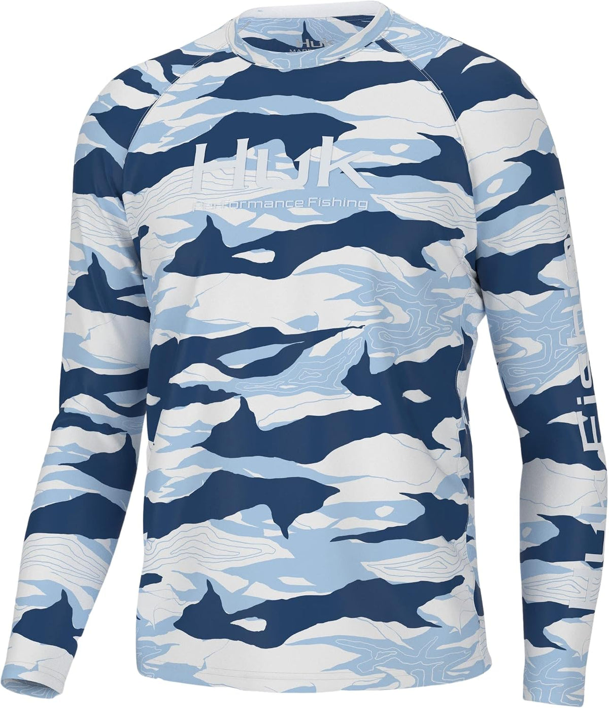 HUK Men's Pursuit Crew Long Sleeve Shirt, Sun Protecting Fishing Shirt - Tidal Map - Crystal Blue