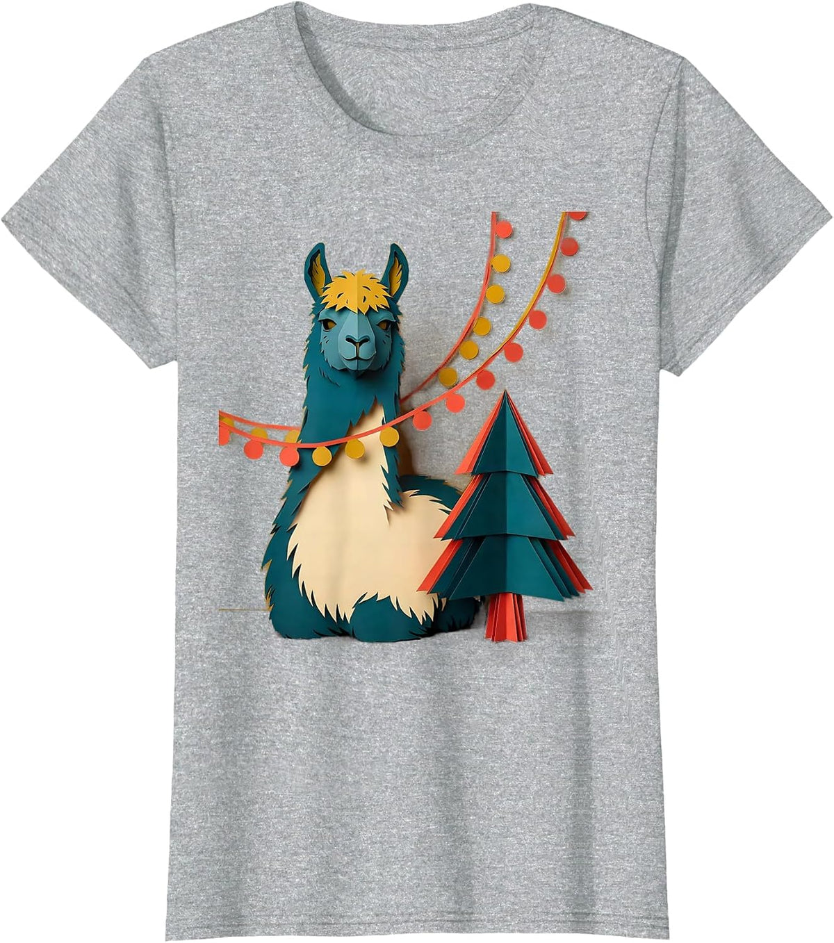 Seated Llama Paper Cutout Funny Christmas Animal Lover T-Shirt - Heather Grey