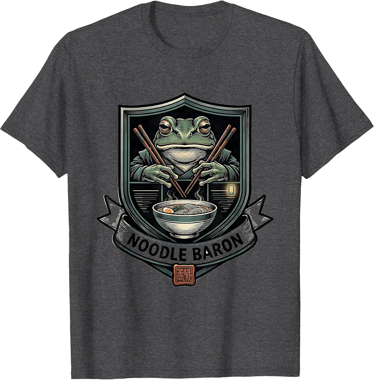 Noodle Baron Grumpy Frog Ramen Ukiyo-e Anime Humor T-Shirt - Dark Heather Grey