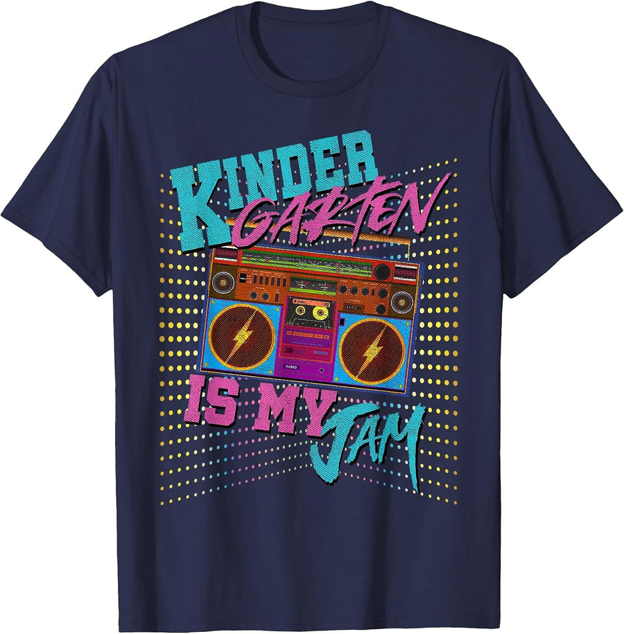 Kindergarten is My Jam 80s Vintage Boombox Student Teacher T-Shirt - Navy Blue