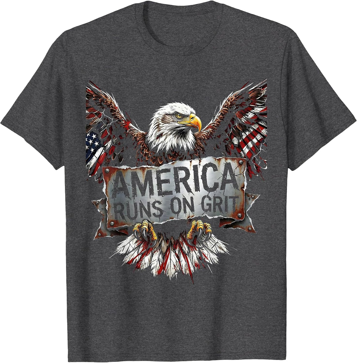 Men's America Runs on Grit Patriotic Design T-Shirt - Dark Heather Grey