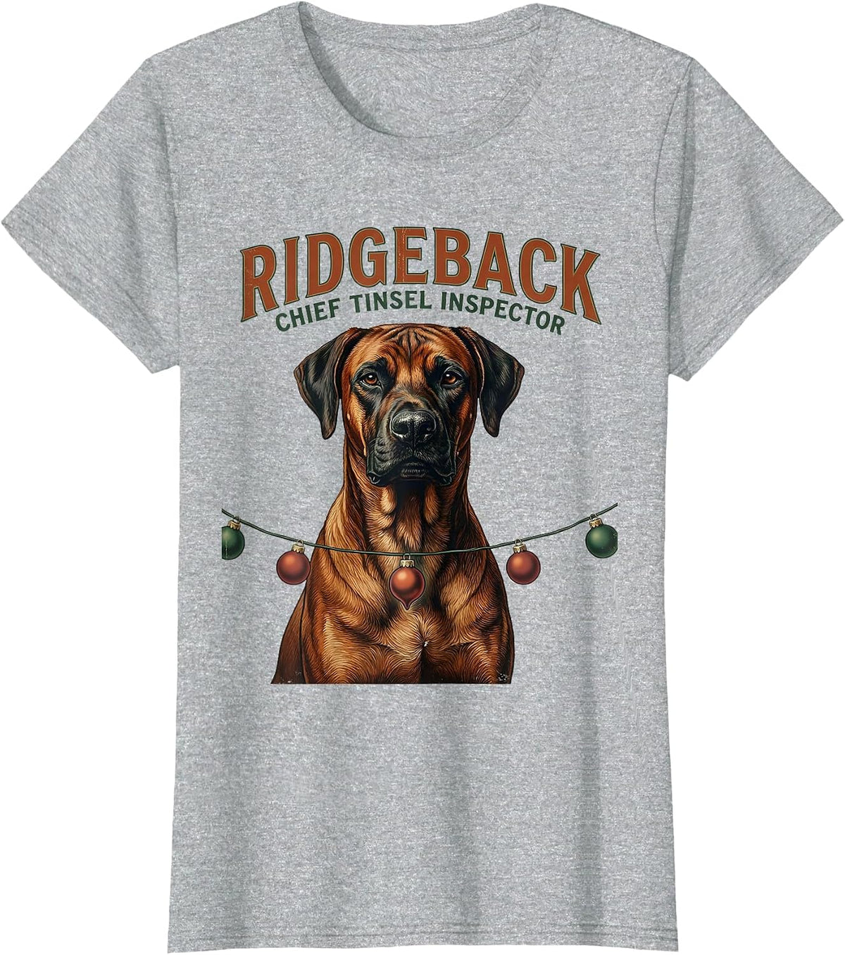 Women's Ridgeback Chief Tinsel Inspector Vintage Dog Breed Christmas T-Shirt - Heather Grey