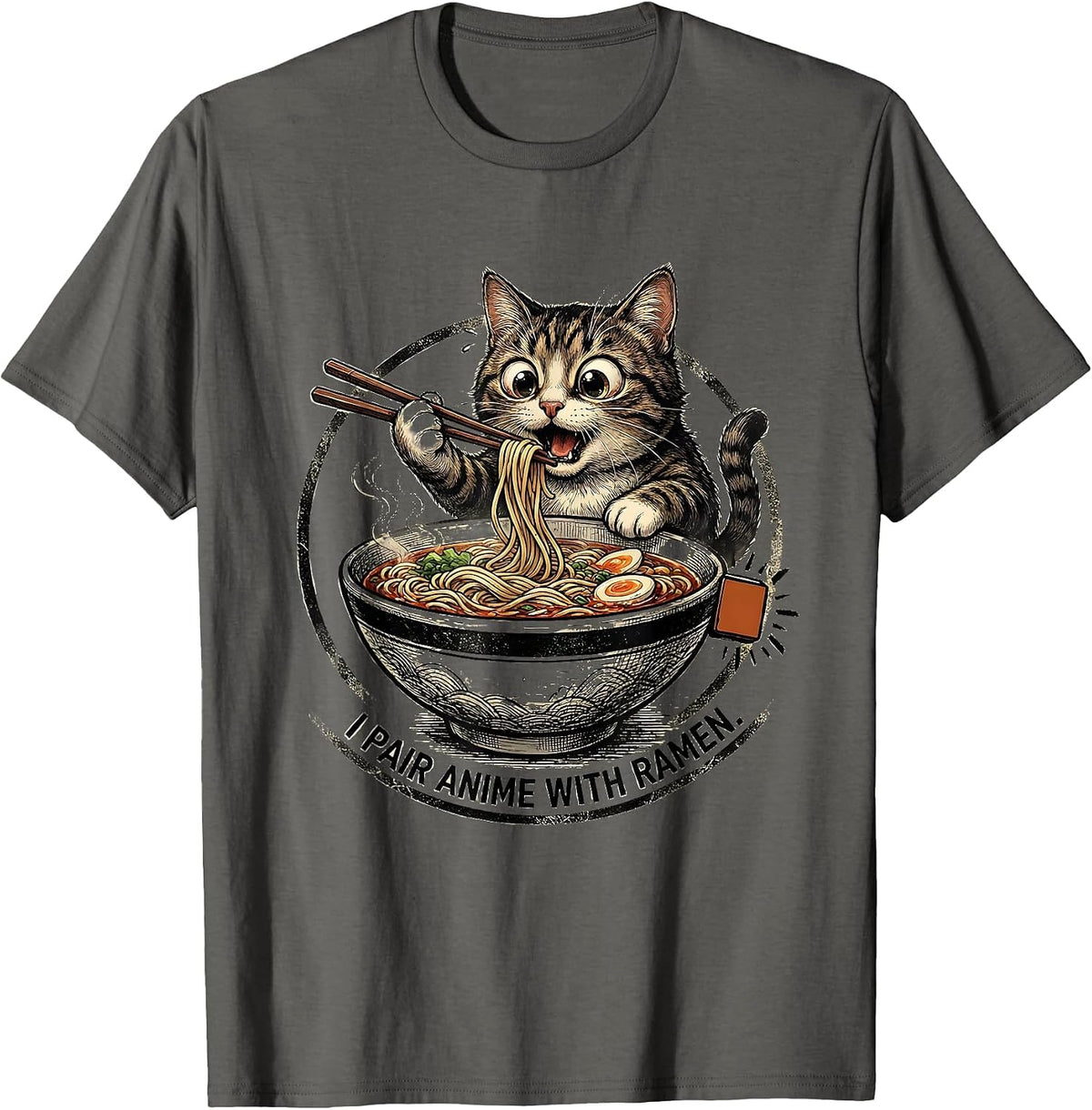 I Pair Anime With Ramen Kawaii Cat Anime Gift T-Shirt - Asphalt Grey