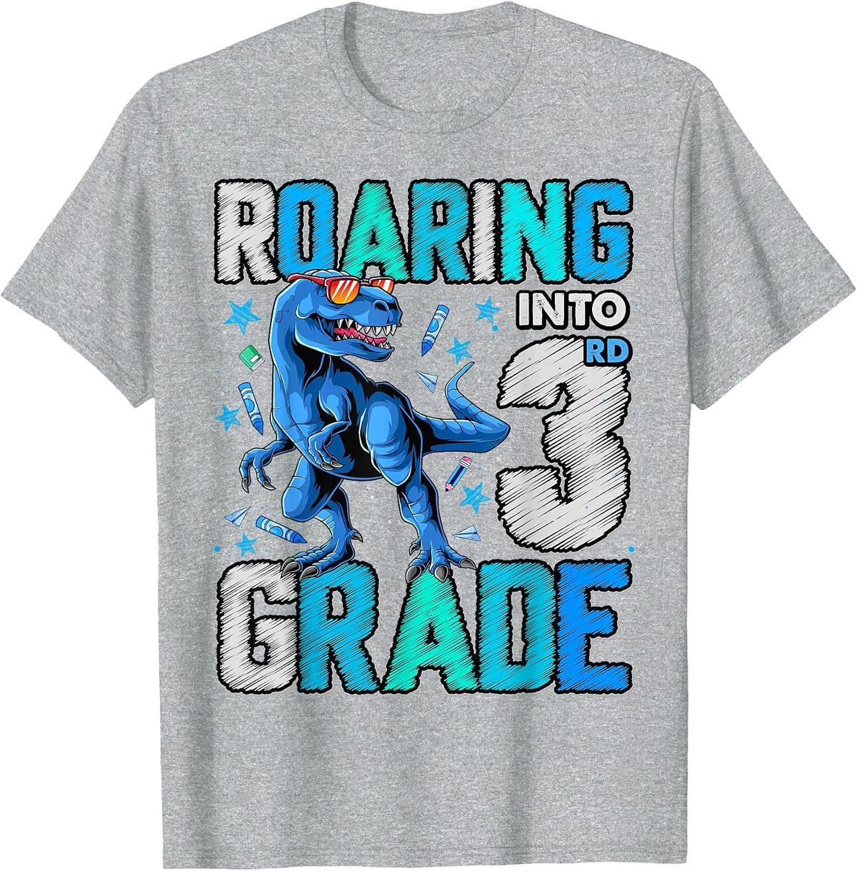 Roaring Into 3rd Grade Dinosaur T Rex Back to School Boys T-Shirt - Heather Grey