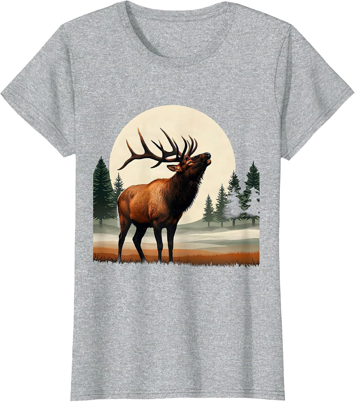 Bull Elk Bugling in Foggy Meadow Fall Design T-Shirt - Heather Grey