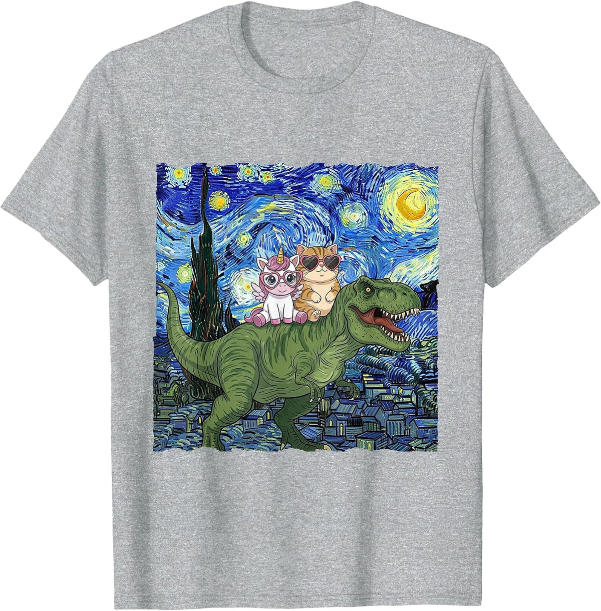 Cat Unicorn Riding Dinosaur T rex Kitten Lover Starry Night T-Shirt - Heather Grey