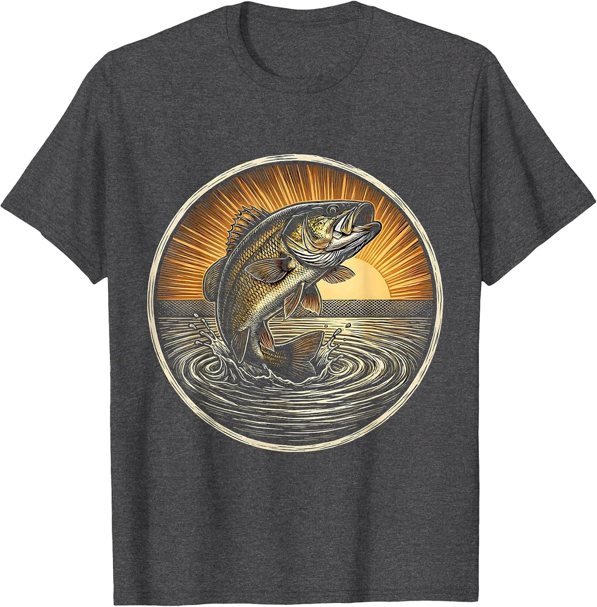 Bass Breaking Water Surface at Dusk Fishing T-Shirt - Dark Heather Grey