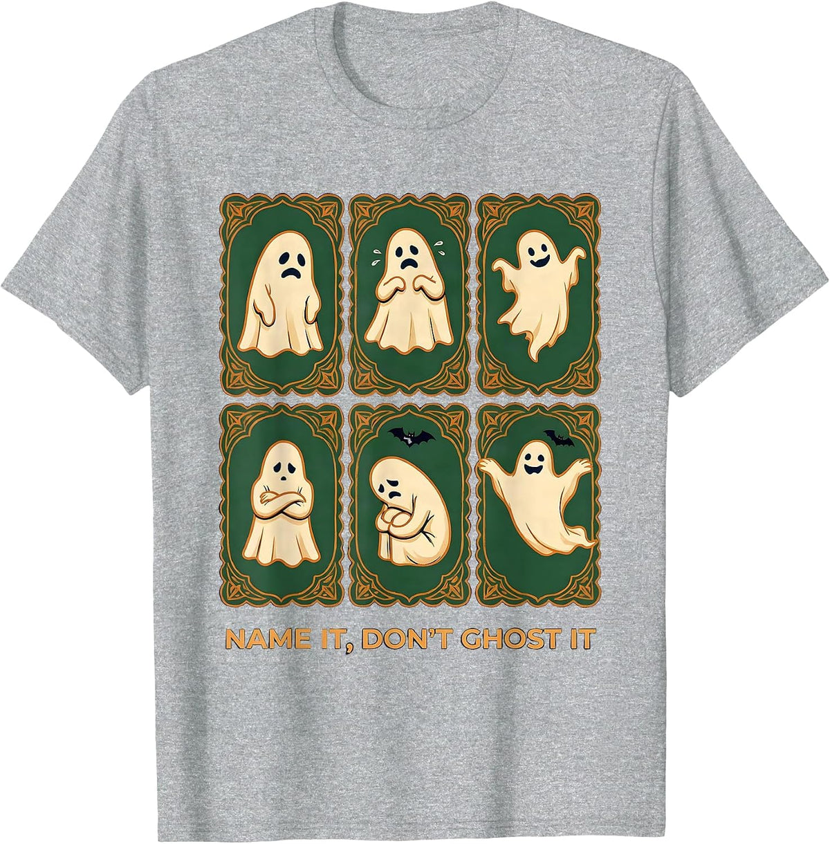 Men's Name It, Don't Ghost It Folk Art Halloween Mental Health T-Shirt - Heather Grey