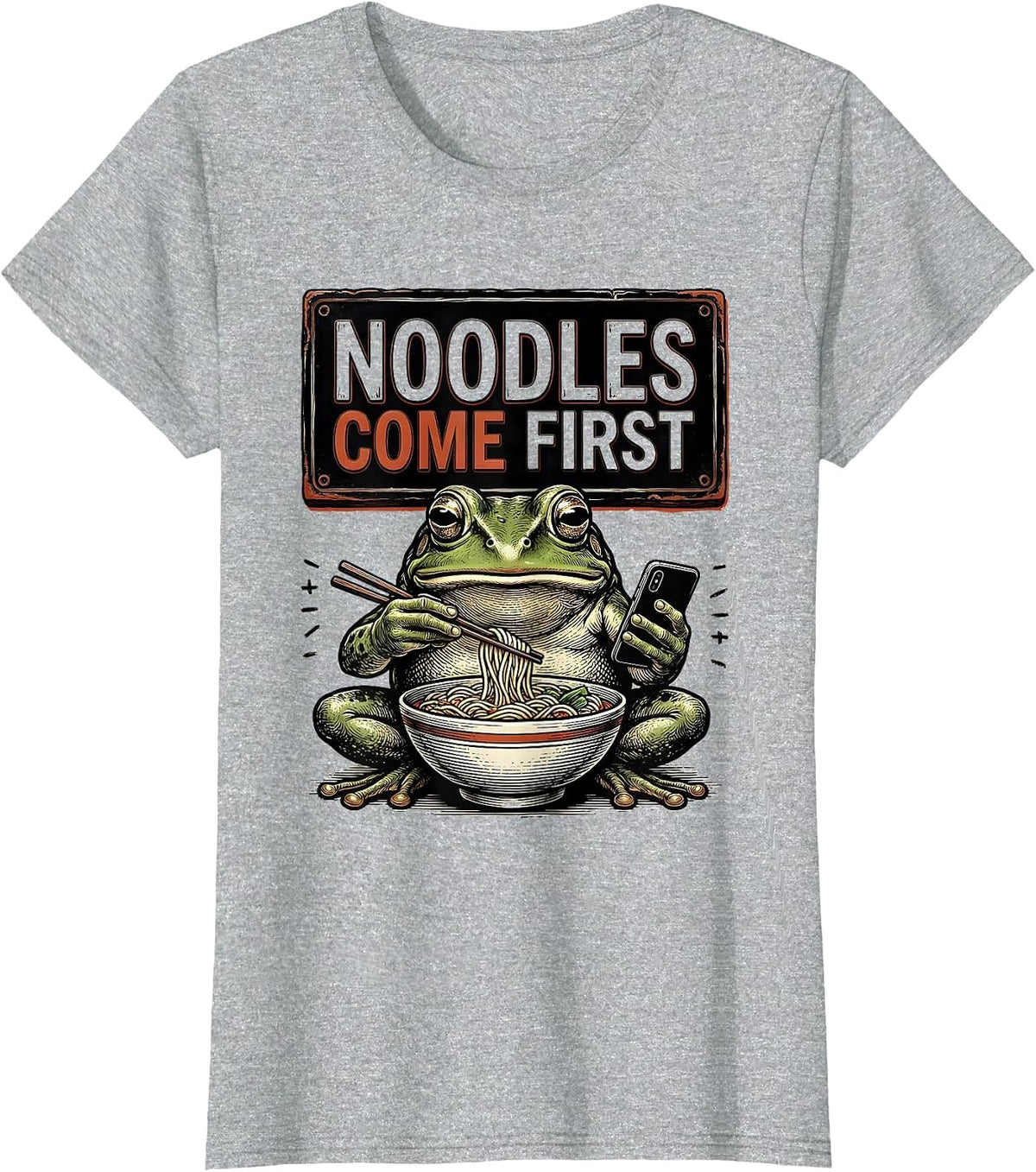 Noodles Come First Funny Grumpy Frog Japanese Art Ramen T-Shirt - Heather Grey