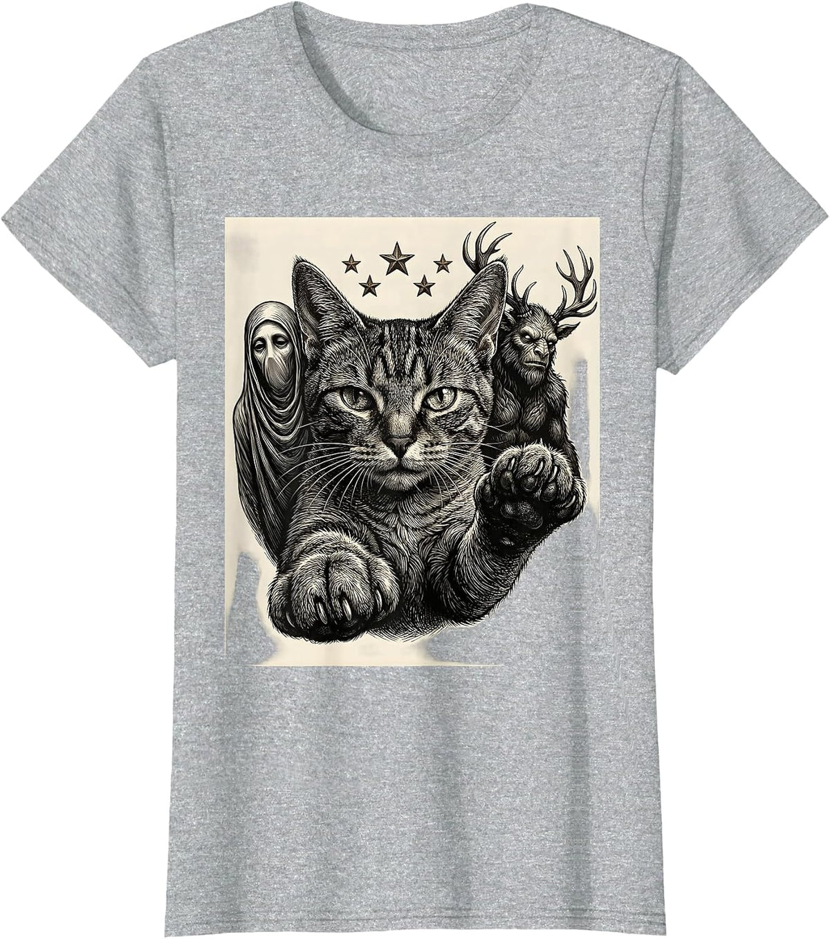 Women's Cat Selfie With Cryptid Skeleton Funny Cat Lover T-Shirt - Heather Grey