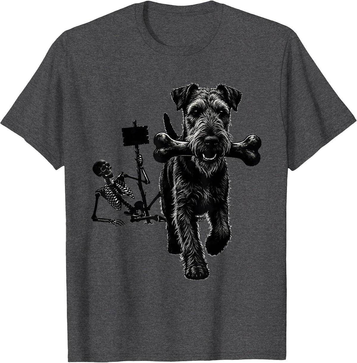 Men's Airedale Terrier Skeleton Chasing Funny Dog Mom Halloween T-Shirt - Dark Heather Grey