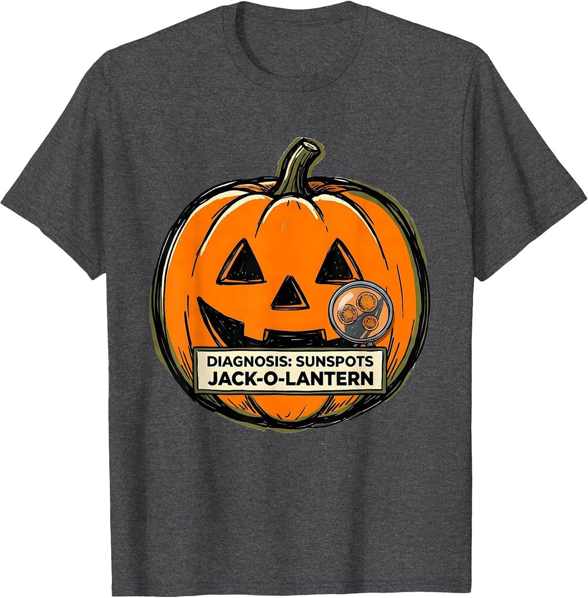 Diagnosis: Sunspots, Jack-O'-Lantern Funny Dermatology T-Shirt - Dark Heather Grey