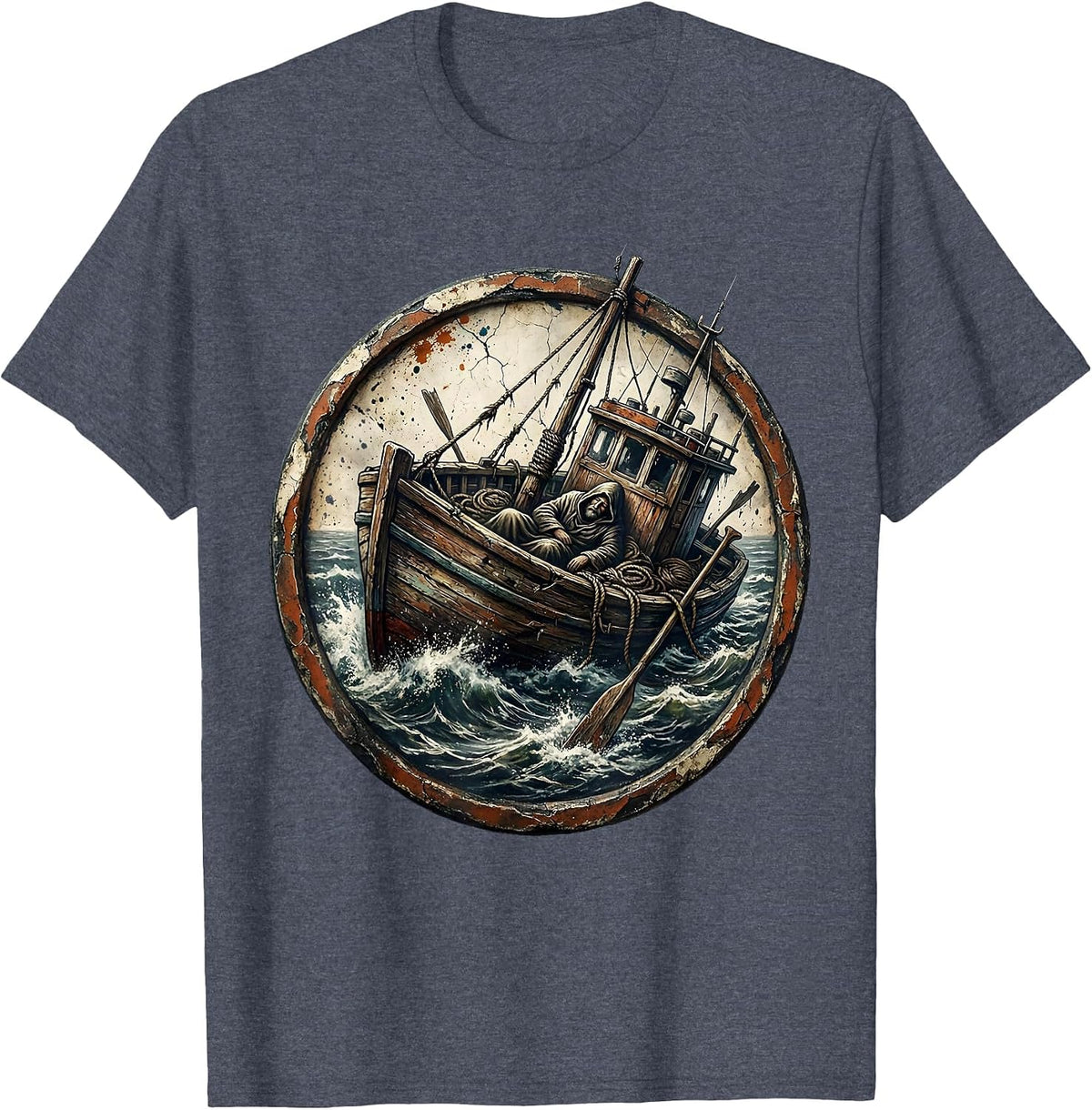 Jesus Sleeping in Storm-Tossed Boat Graphic T-Shirt - Heather Blue