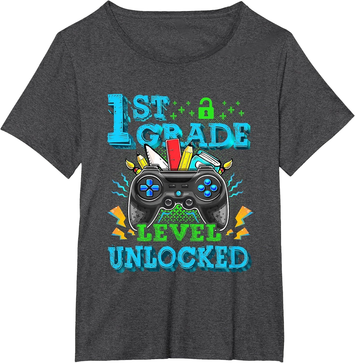 1st Grade Level Unlocked Video Game Back to School Boys T-Shirt - Dark Heather Grey