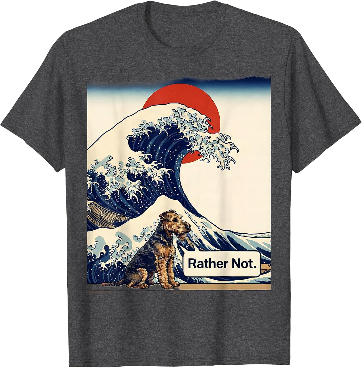 Men's Rather Not Ukiyo-e Airedale Terrier Surfing Great Wave T-Shirt - Dark Heather Grey