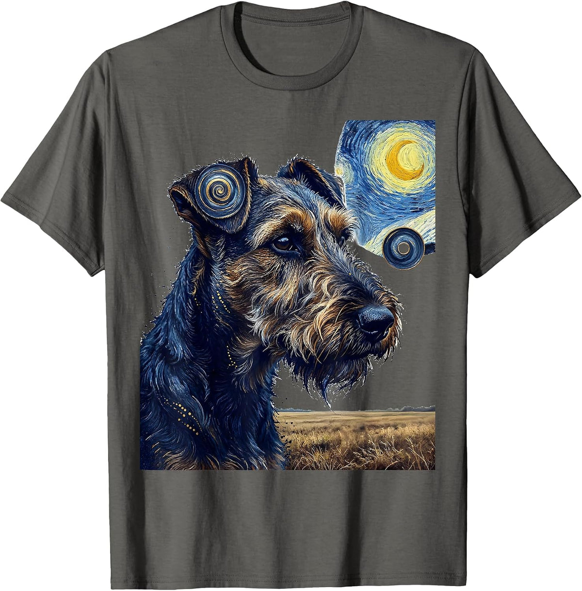 Men's Airedale Terrier Van Gogh Starry Night Breed Portrait T-Shirt - Asphalt Grey