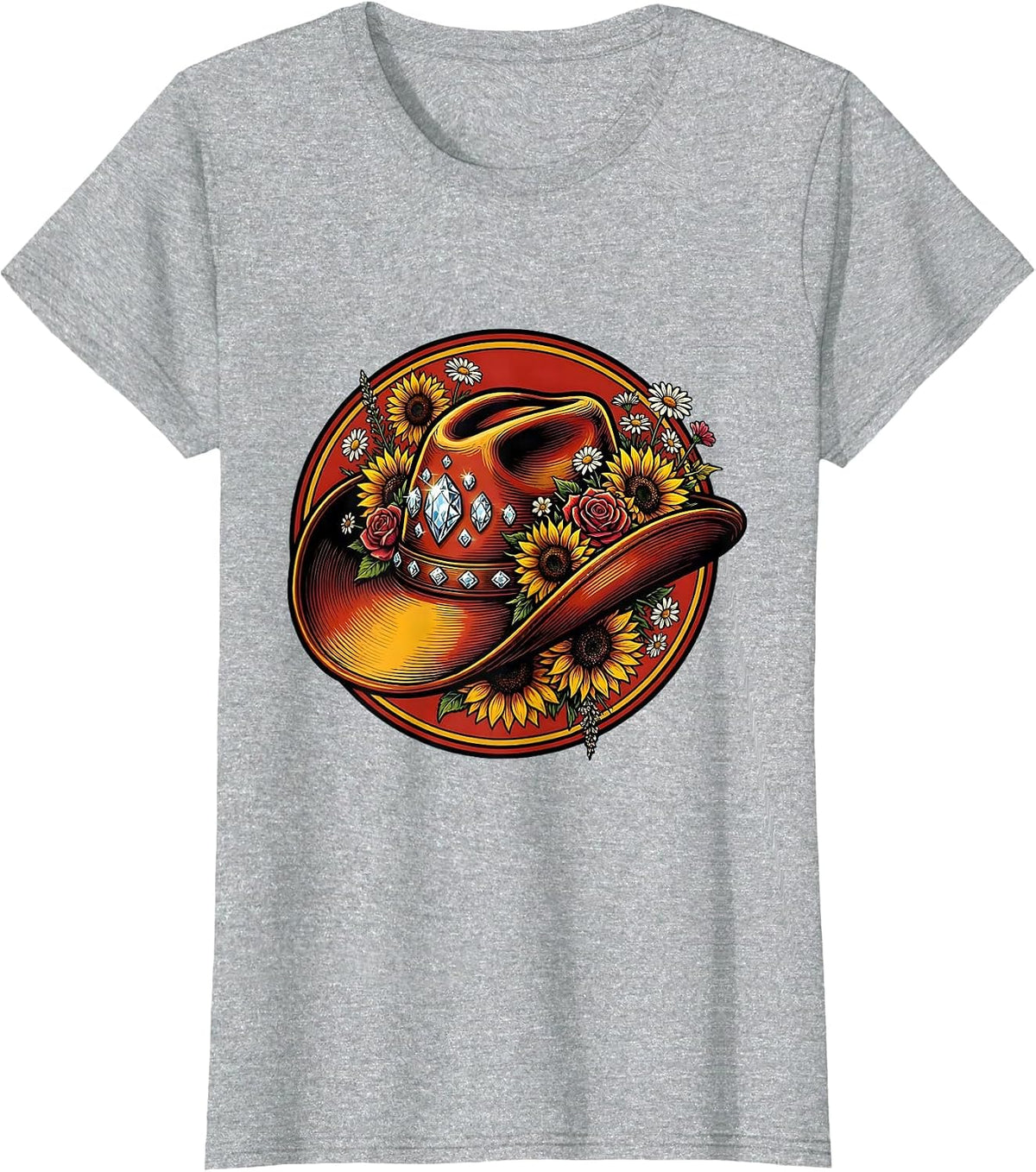 Rhinestone Cowgirl Hat Wildflowers Rodeo Graphic T-Shirt - Heather Grey