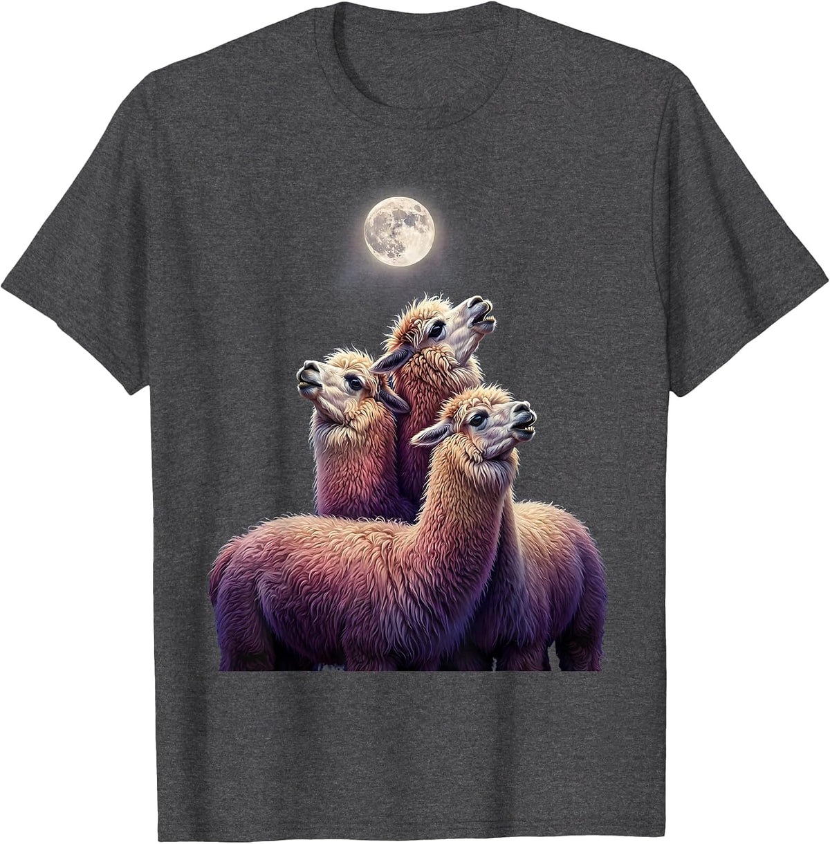 Men's Three Alpaca Moon Howling Absurd Meme Humor T-Shirt - Dark Heather Grey