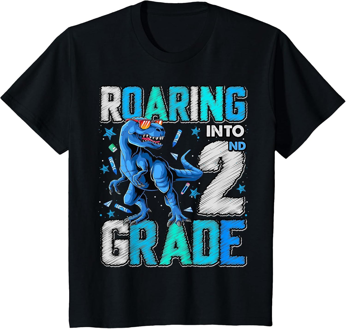 Roaring Into 2nd Grade Dinosaur T Rex Back to School Boys T-Shirt - Black