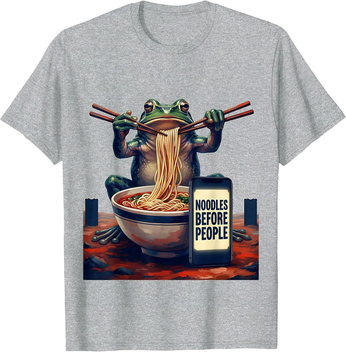 Men's Noodles Before People Funny Grumpy Frog Japanese Art Ramen T-Shirt - Heather Grey