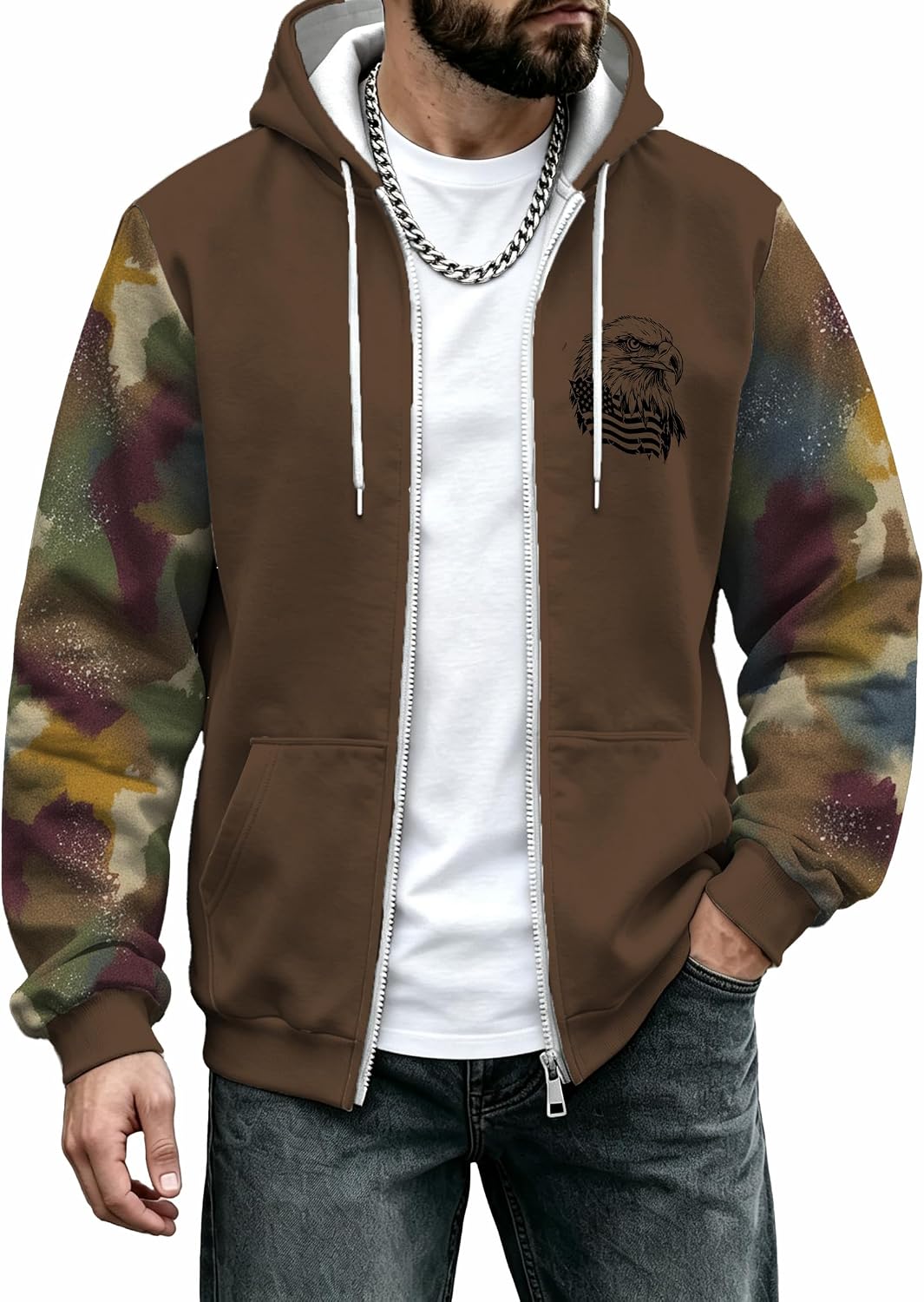 DMOYALA Mens Camo Zip Up Hoodie Hunting Fleece Jacket Western Print Oversized Long Sleeve Hooded Sweatshirt - Camo Brown