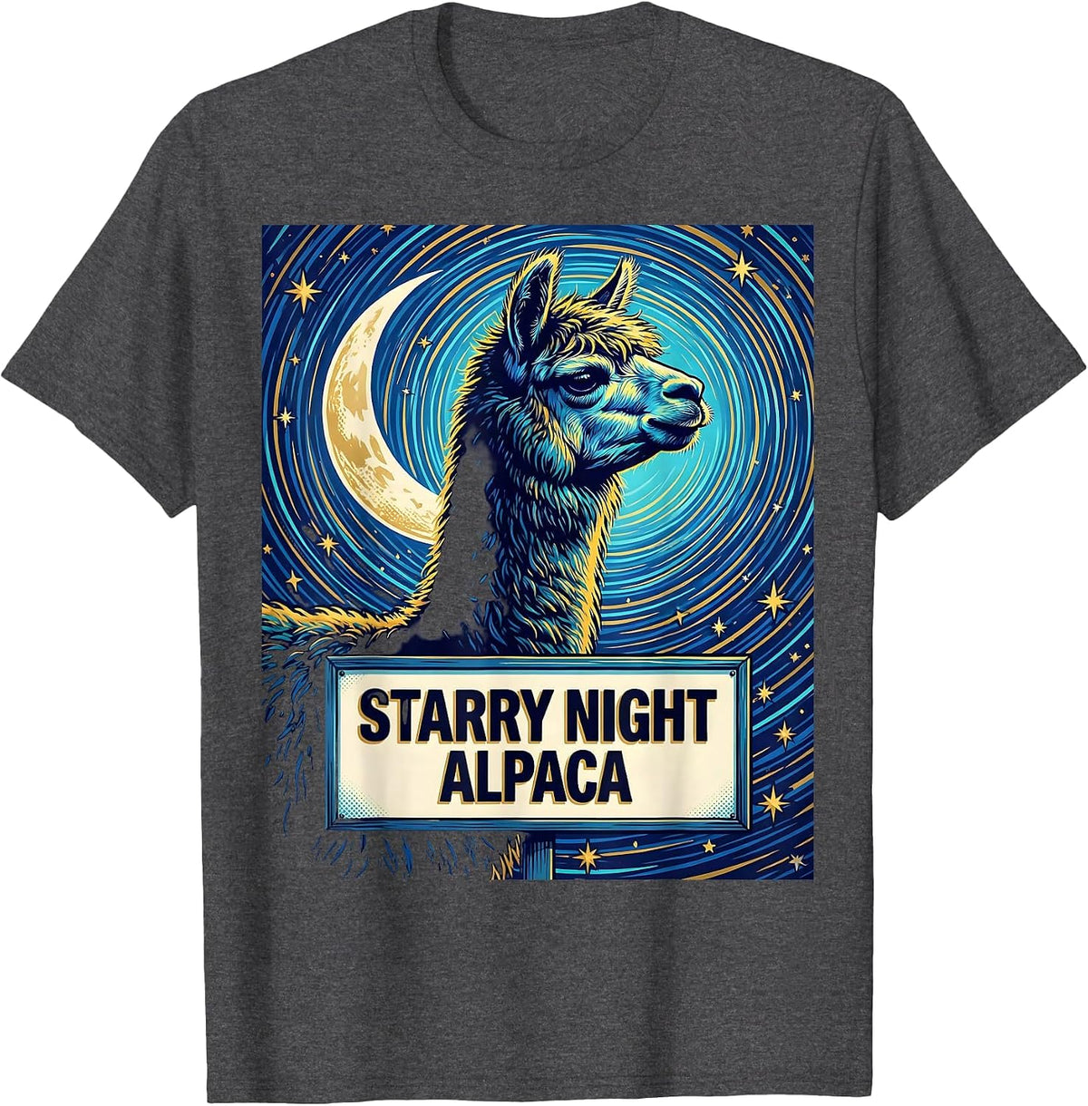 Men's Starry Night Alpaca Pop Art Alpaca Lover Van Gogh Style T-Shirt - Dark Heather Grey