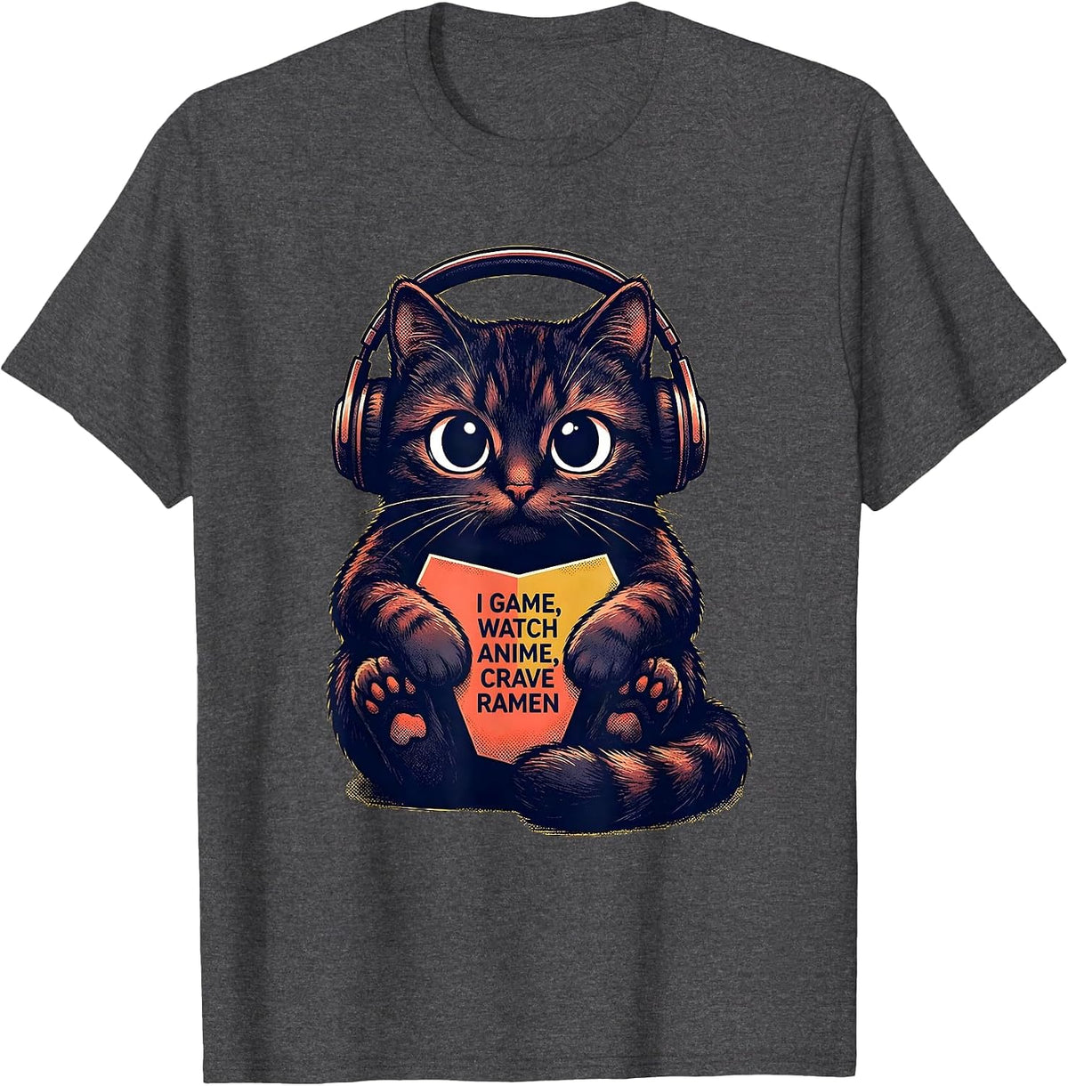Men's I Game, Watch Anime, Crave Ramen Kawaii Anime Cat Gamer T-Shirt - Dark Heather Grey
