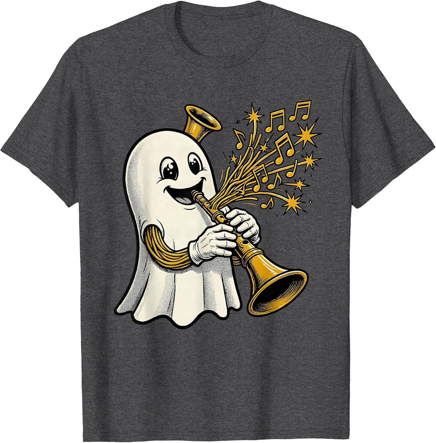 Men's Cheerful Ghost Musician Retro Cartoon Music Teacher T-Shirt - Dark Heather Grey
