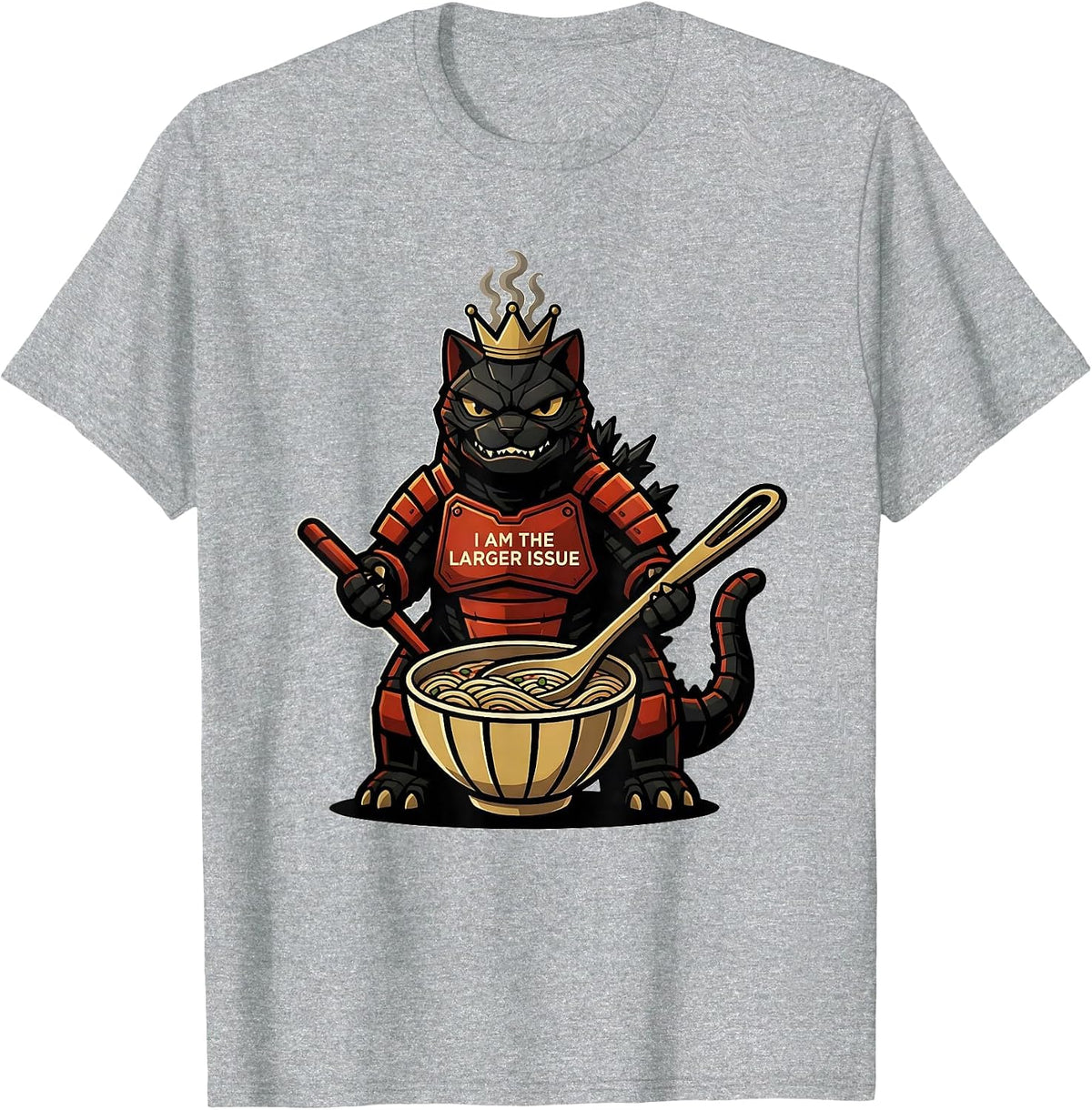 Men's I Am The Larger Issue Funny Kaiju Cat Ramen Samurai Art T-Shirt - Heather Grey