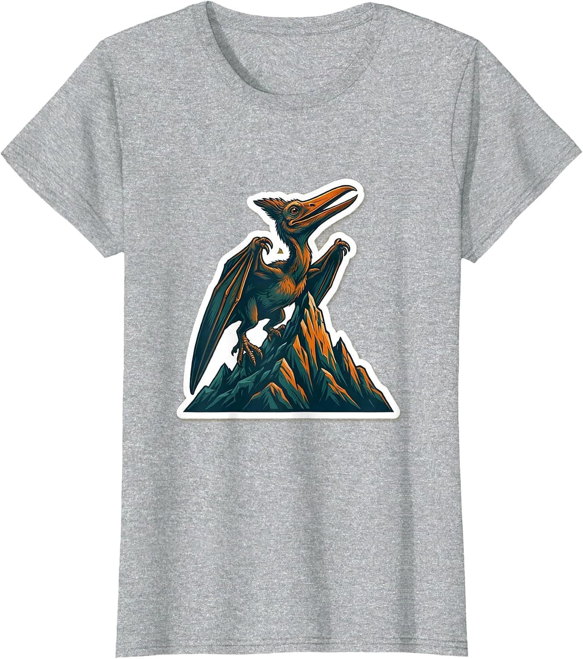 Women's Pterodactyl Mountain Peak Dinosaur Illustration T-Shirt - Heather Grey