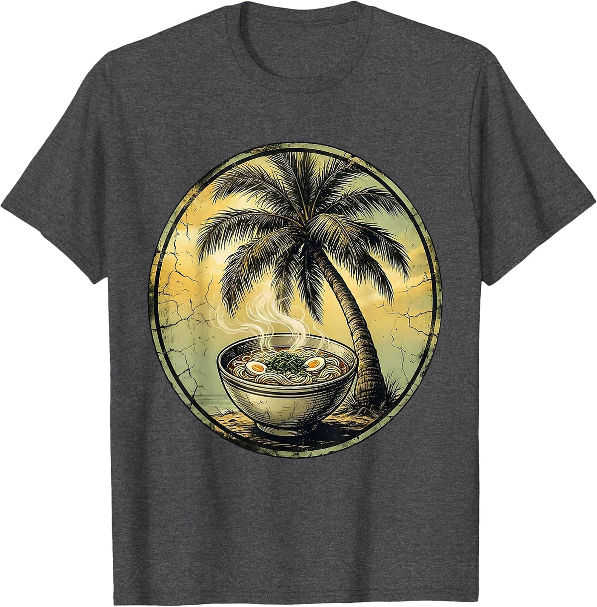 Men's Breezy Bowl Ramen Palm Tree Illustration T-Shirt - Dark Heather Grey