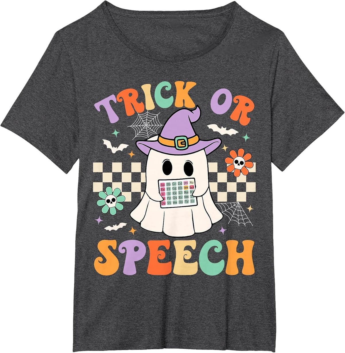 Trick or Speech Halloween SLP Retro Speech Therapy Halloween T-Shirt - Dark Heather Grey