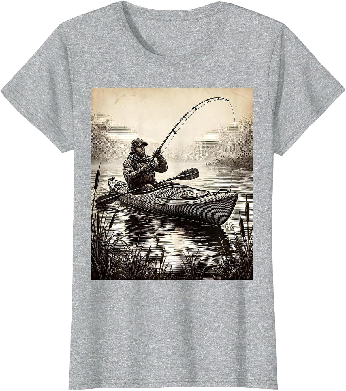 Kayak Fishing Foggy River Casting Illustration T-Shirt - Heather Grey