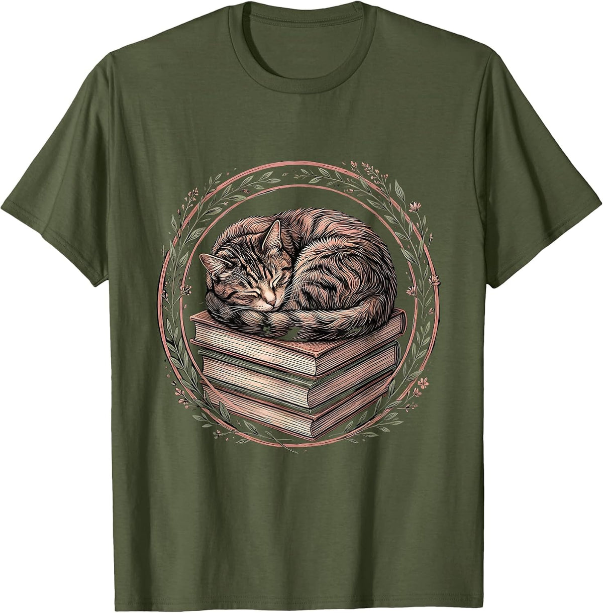 Sleeping Cat on Books Cozy Reading Illustration T-Shirt - Olive Green